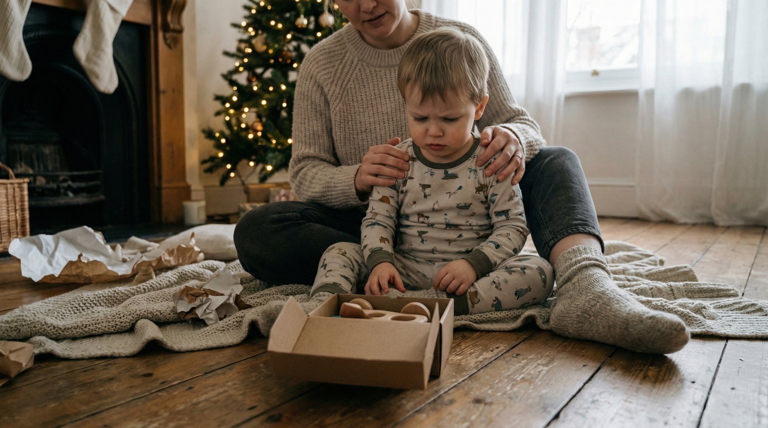 Parent sitting on floor next to young child on Christmas morning with hand on childs back in comforting gesture