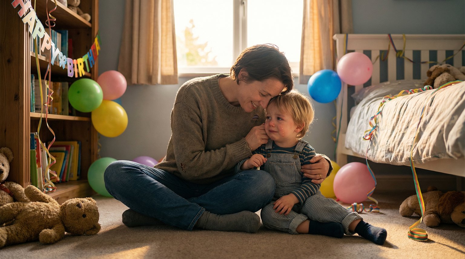Parent comforting slightly overwhelmed preschooler on bedroom floor surrounded by birthday decorations