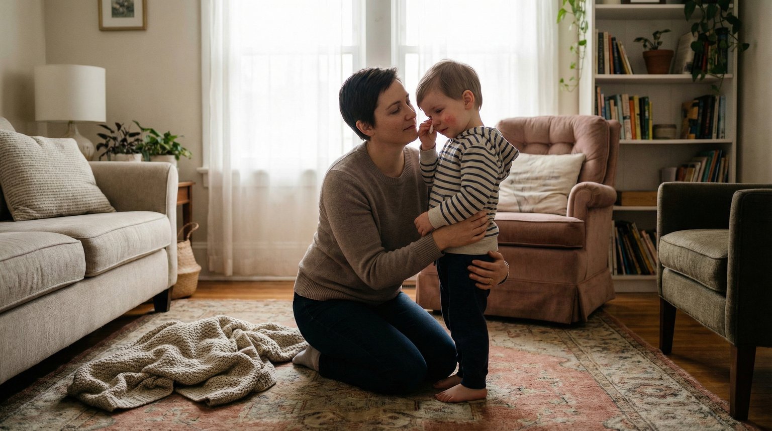 Parent kneeling to comfort young child who is calming down in warm living room setting