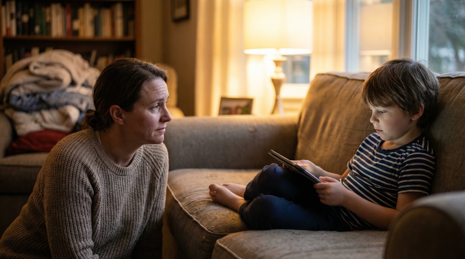 Parent sitting on couch with concerned but loving expression looking at child around age eight intensely focused on tablet not making eye contact