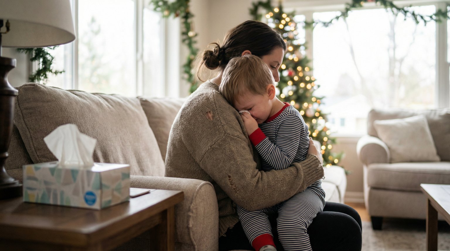 Parent sitting on couch with tearful child cuddled close, arm wrapped protectively around them on Christmas morning