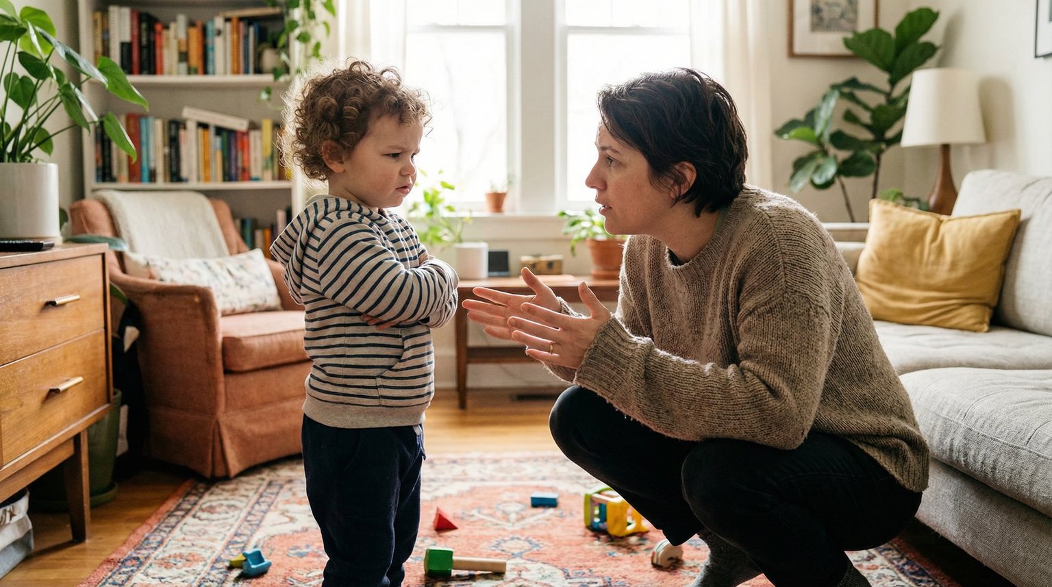 Parent crouching to eye level gesturing enthusiastically to confused and overwhelmed 6-year-old
