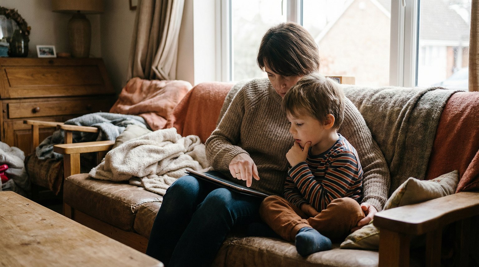 Parent and child sitting together looking at tablet while parent points and explains content
