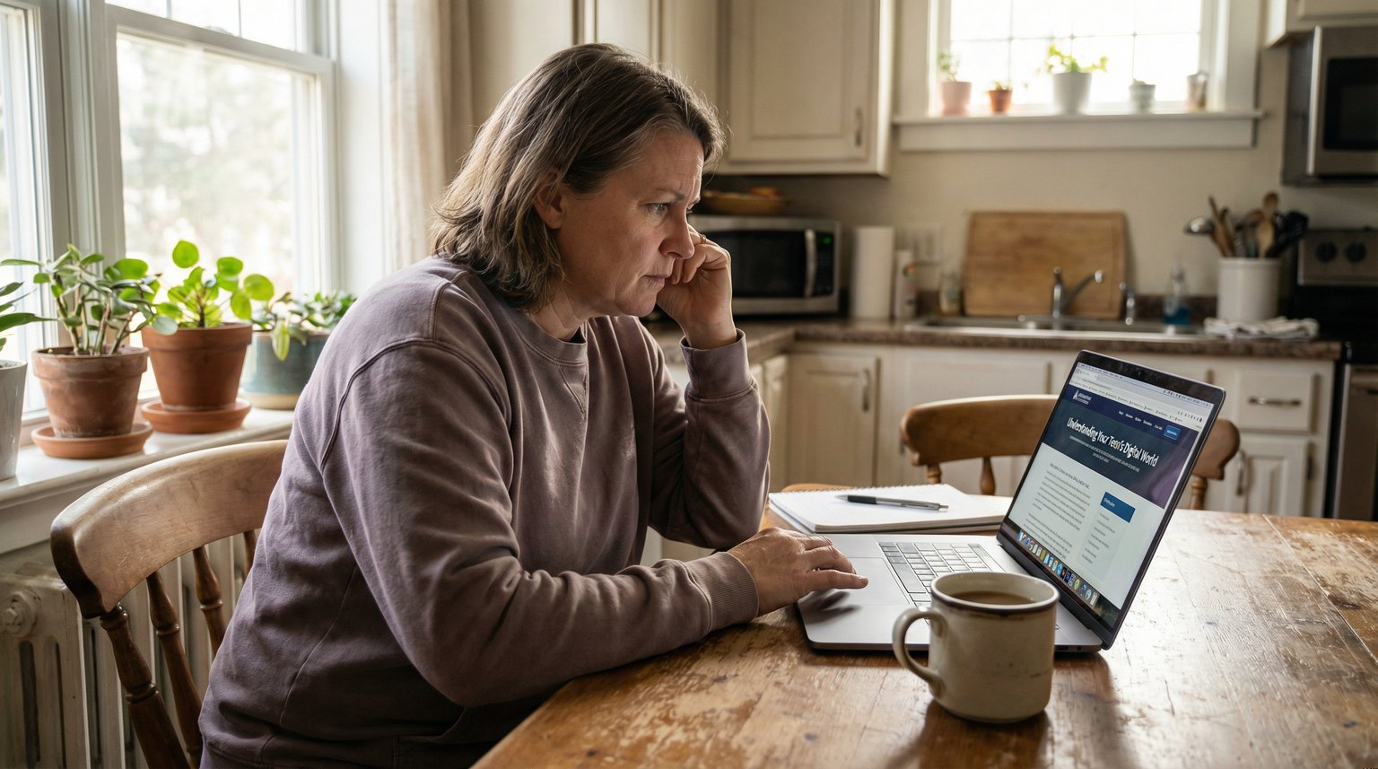 Parent sitting at kitchen table with coffee looking thoughtfully at laptop screen with concerned but open expression