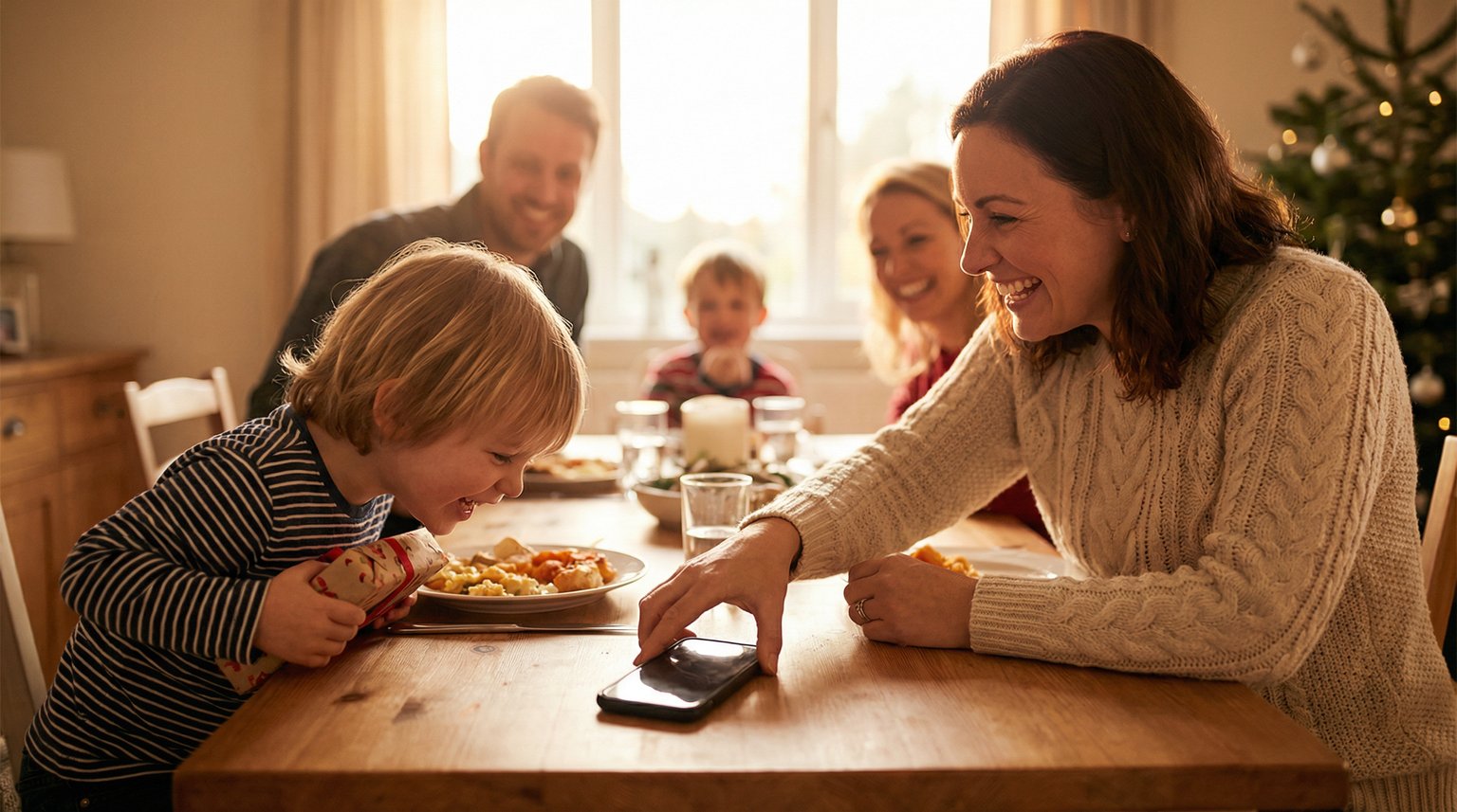 Parent putting phone face down on table while engaging fully with child