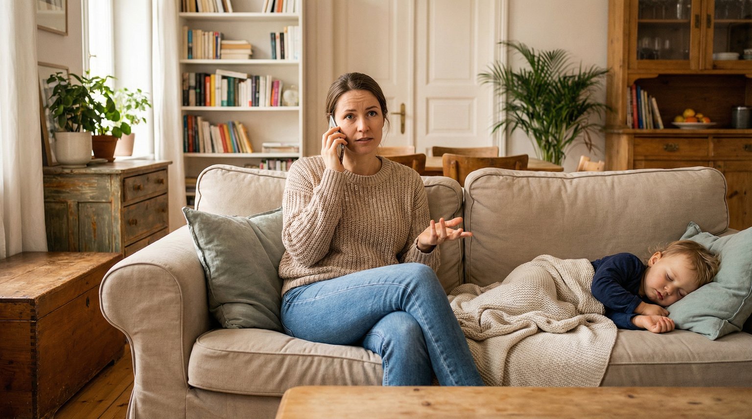 Young parent having serious but calm phone conversation sitting on couch in living room