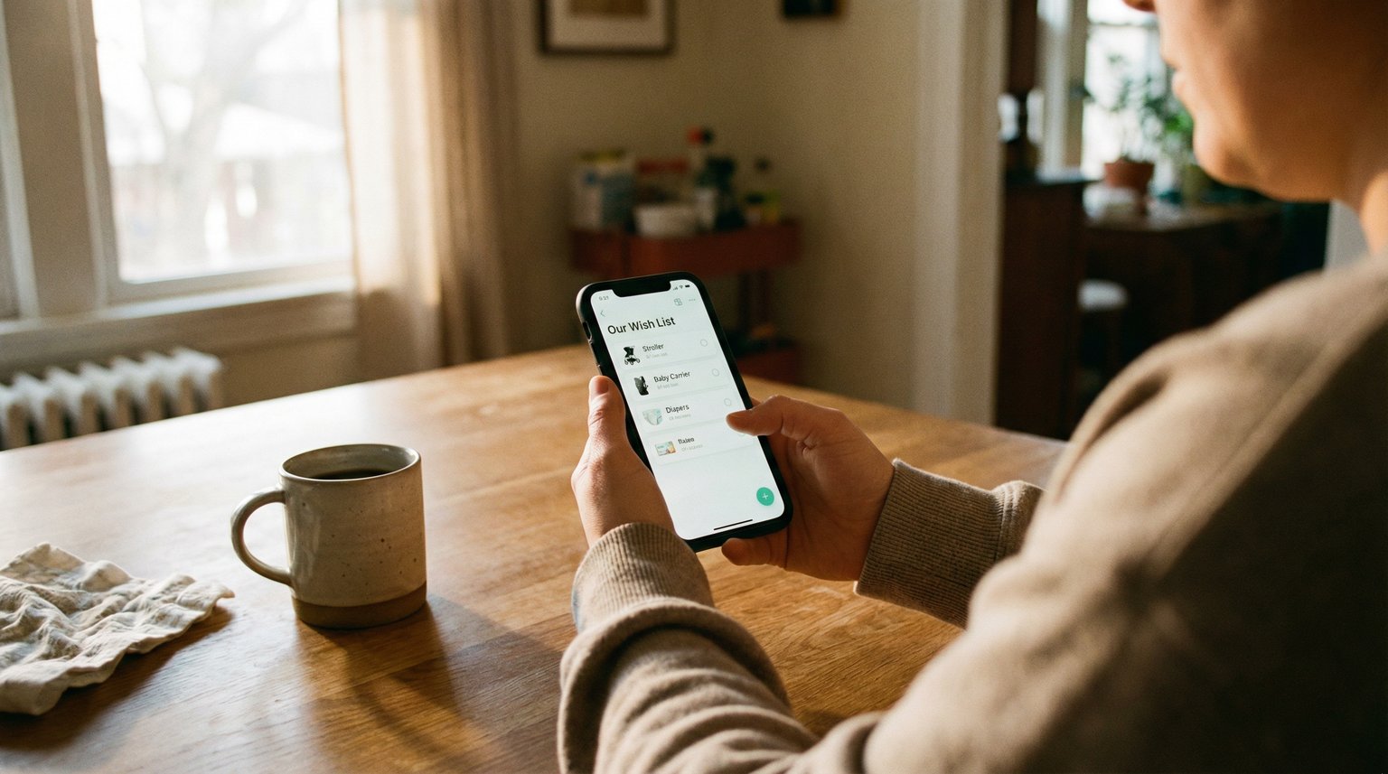 Parent hands holding smartphone showing wish list app at kitchen table with coffee mug nearby