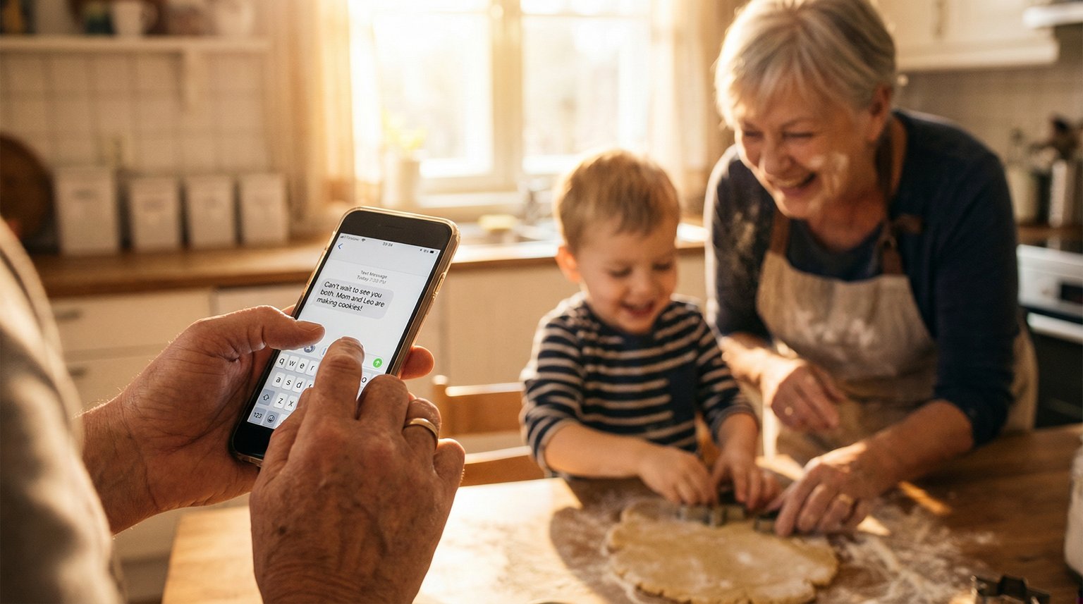 Parent texting on phone with grandmother and child baking together in sunny kitchen background