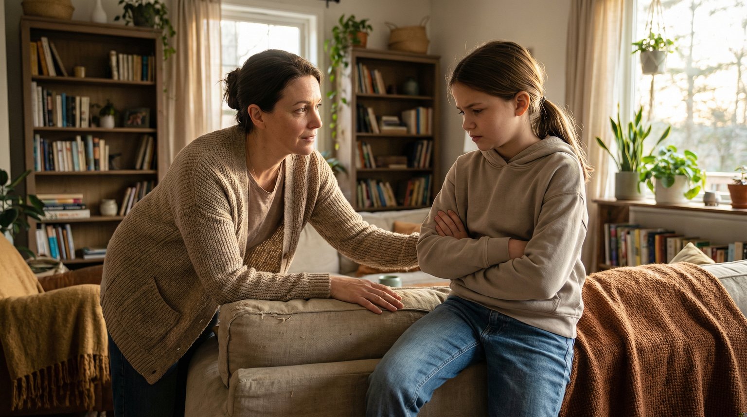 Parent and tween having caring conversation on living room couch about phone use