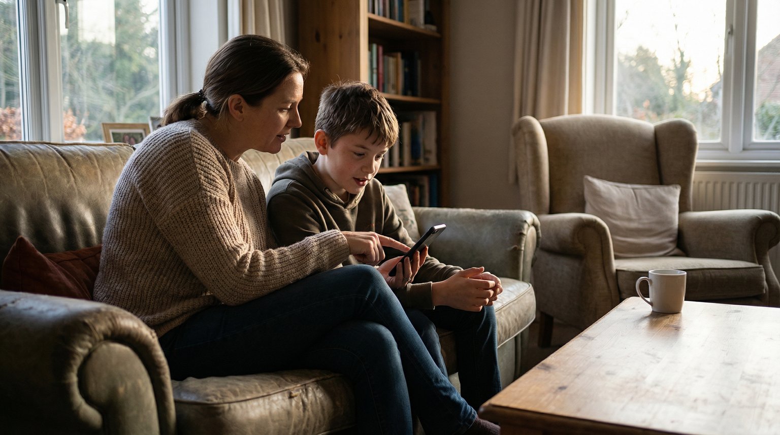 Parent and tween looking at phone screen together having engaged discussion about content