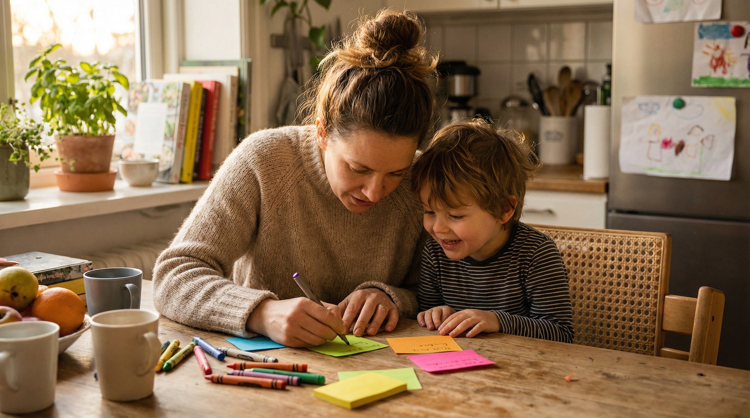 Parent and young child at kitchen table writing colorful clue cards together in warm morning light