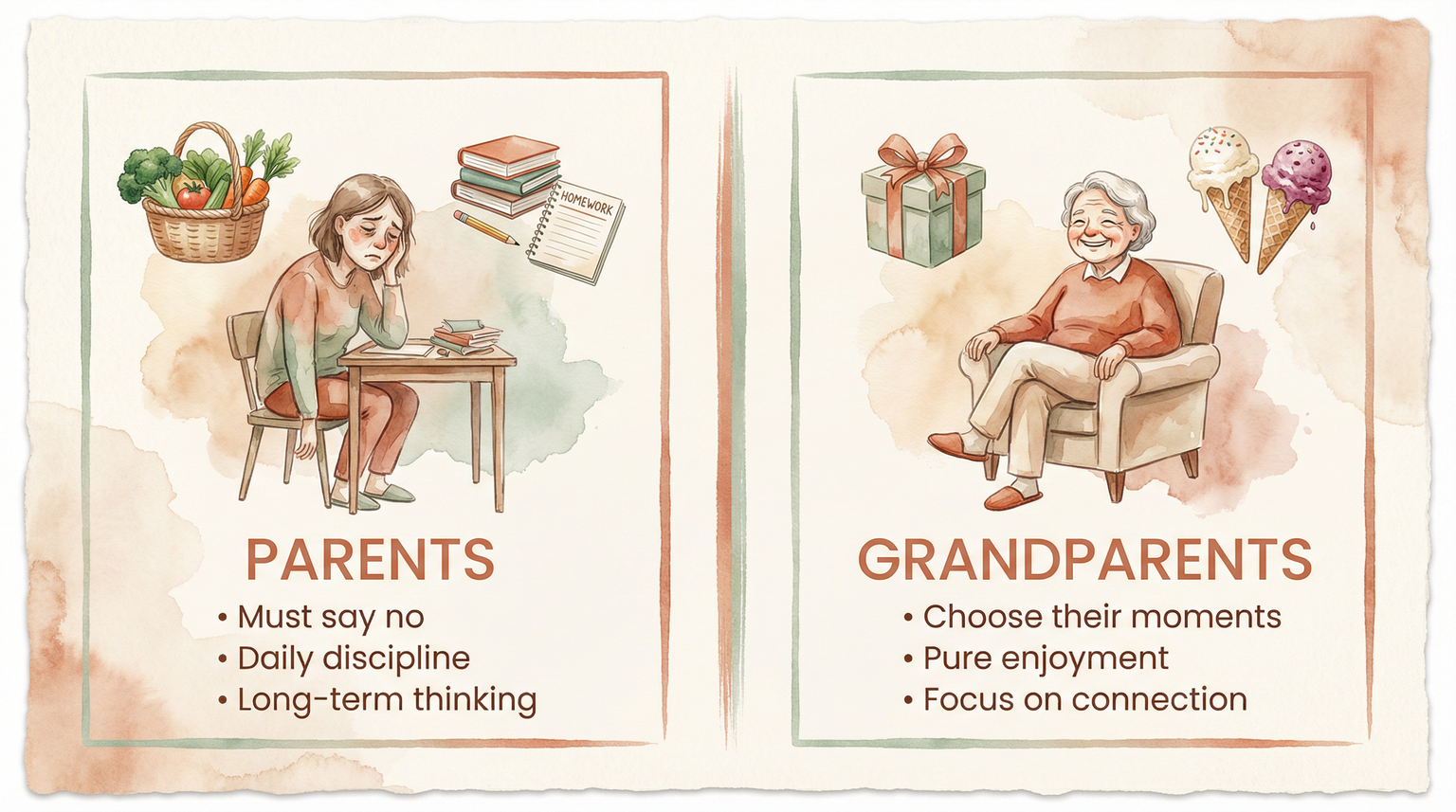 Comparison chart showing parents must say no and handle daily discipline while grandparents choose their moments and focus on connection