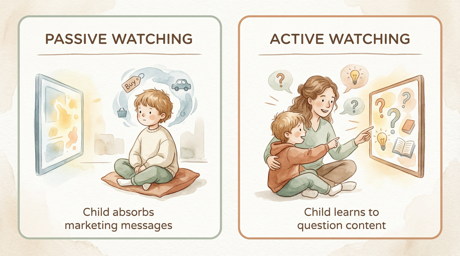 Comparison showing passive watching where child absorbs marketing versus active watching where child learns to question