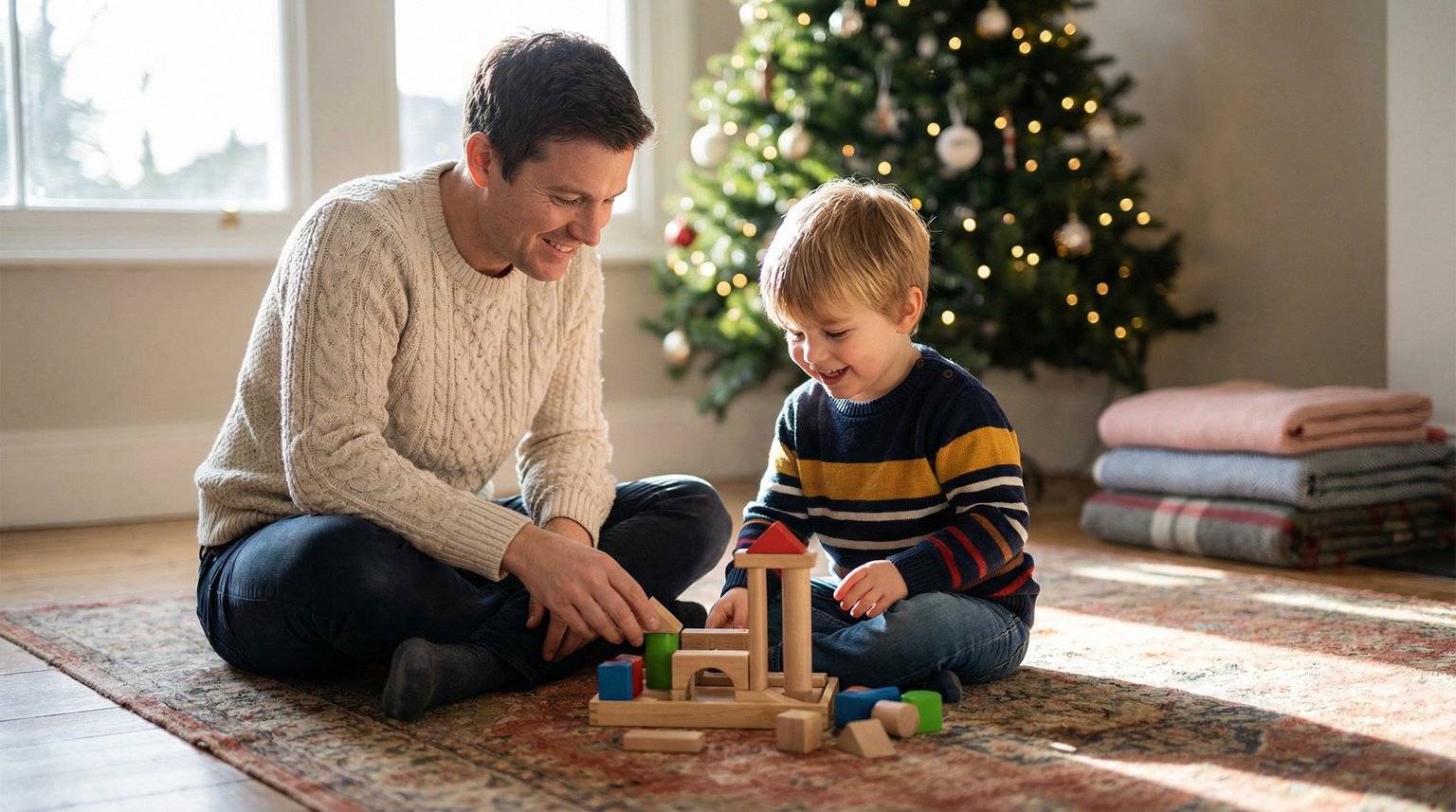 Parent and child sitting together on floor playing with new toy, calm energy, wrapping paper cleaned up