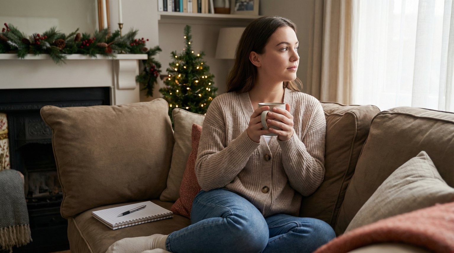 Young mom sitting peacefully on couch with tea and notebook looking thoughtful and calm