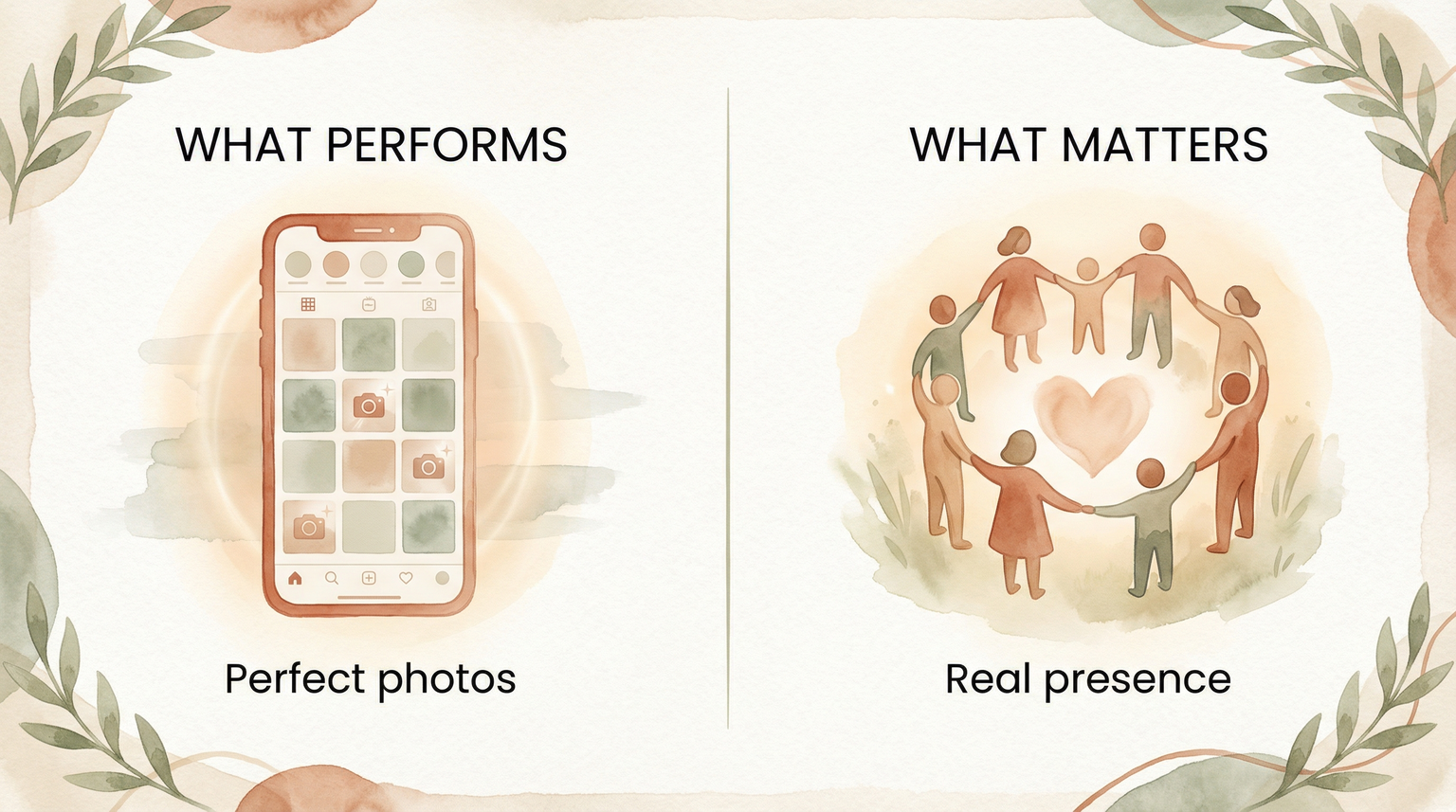 Illustration comparing perfect photos for social media versus real presence with loved ones