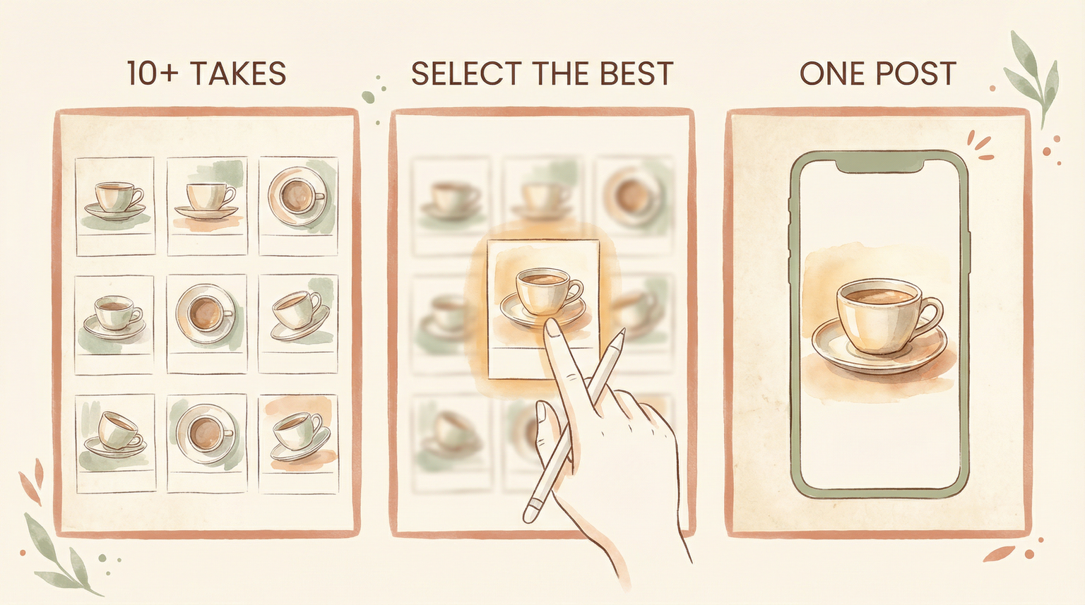 Infographic showing curation process from ten photo takes to selecting one best image for posting