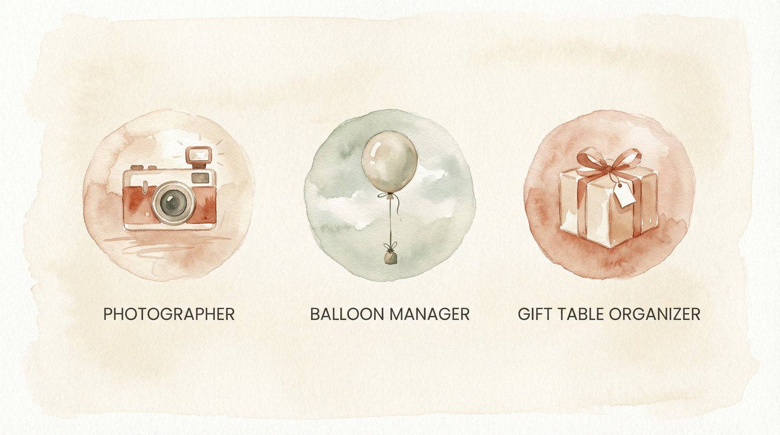 Icons showing three helper role options: photographer, balloon manager, and gift table organizer