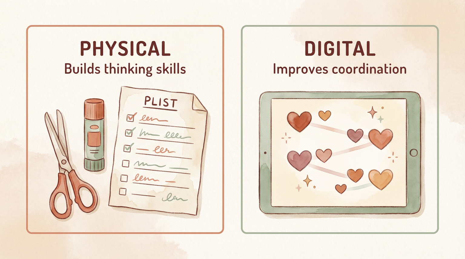 Split comparison showing handmade paper wishlist with scissors on left and tablet with heart icons on right