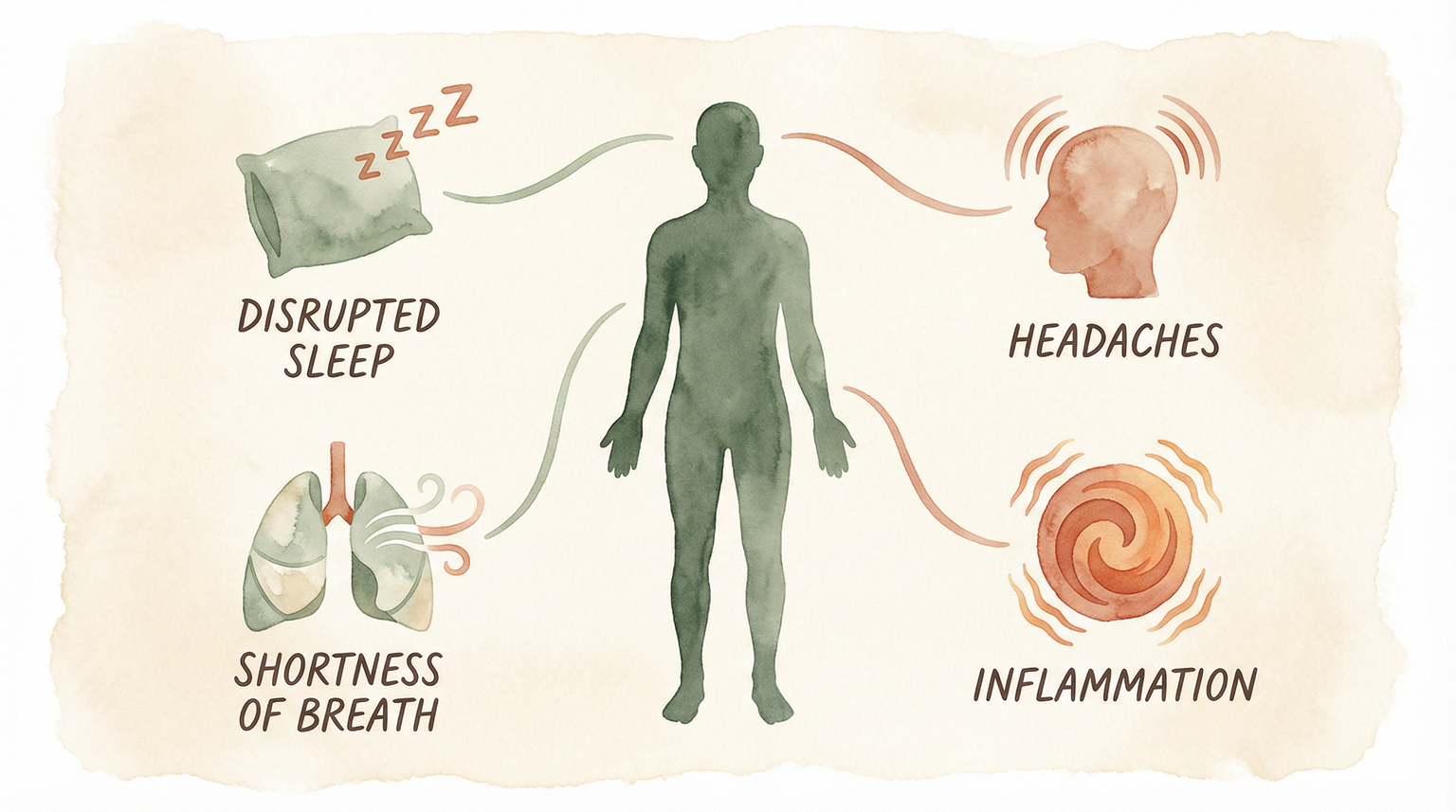 Illustration of human silhouette showing four stress symptoms including disrupted sleep, headaches, inflammation, and shortness of breath
