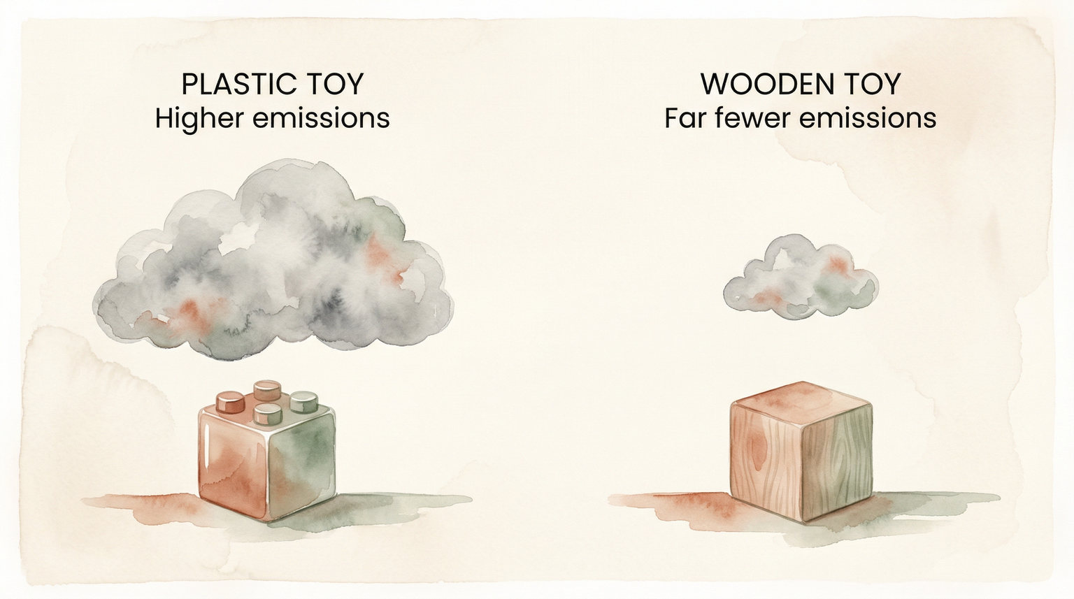 Side-by-side comparison showing plastic toys produce higher emissions than wooden toys