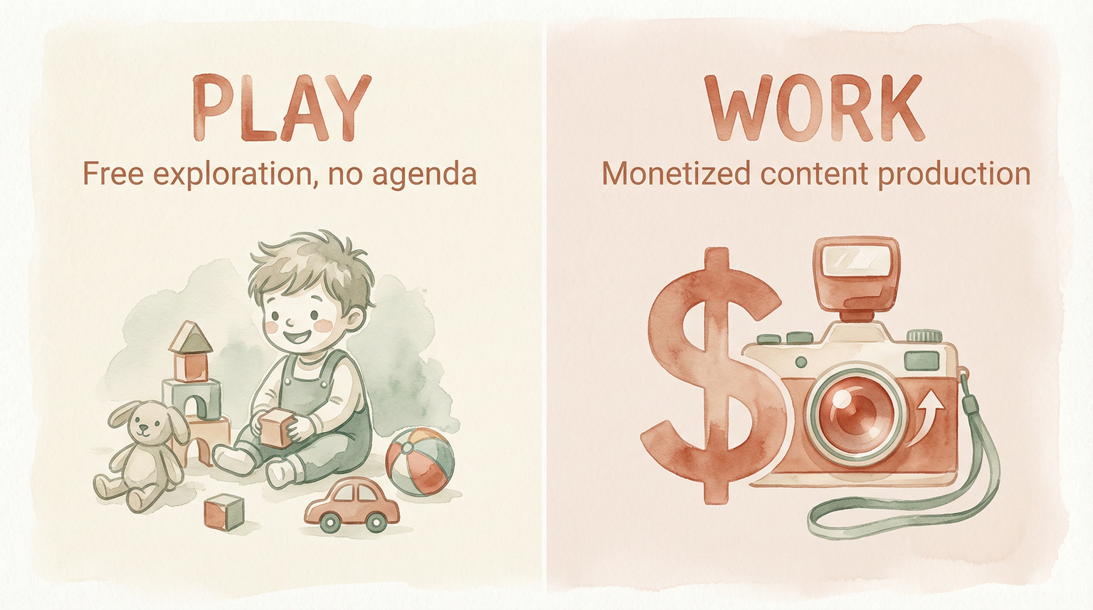 Comparison infographic showing difference between free play exploration and monetized content production