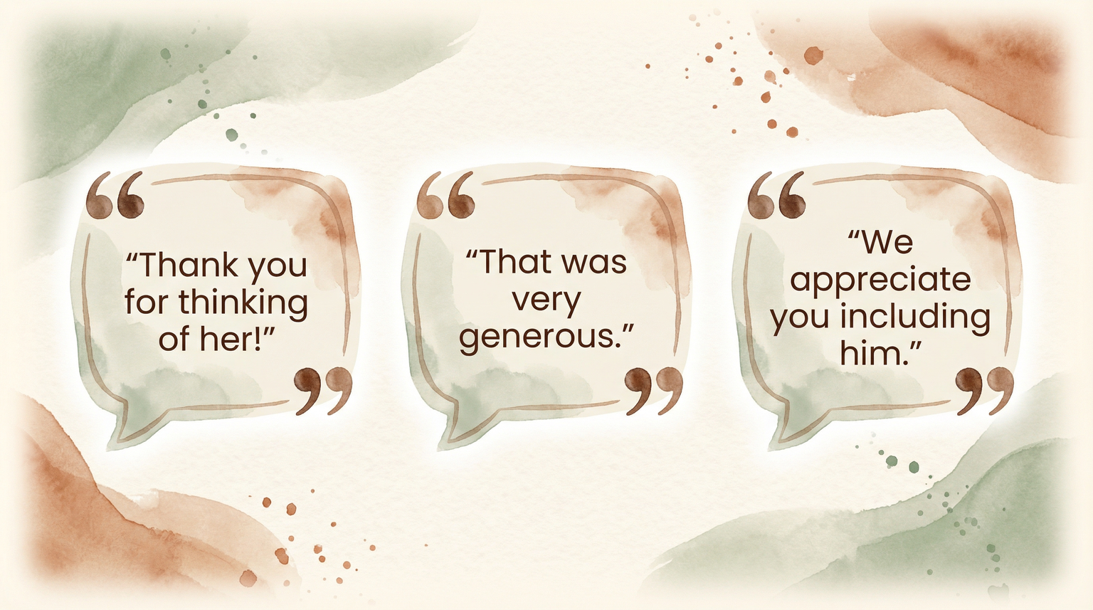 Three speech bubbles showing polite thank you responses for receiving gifts