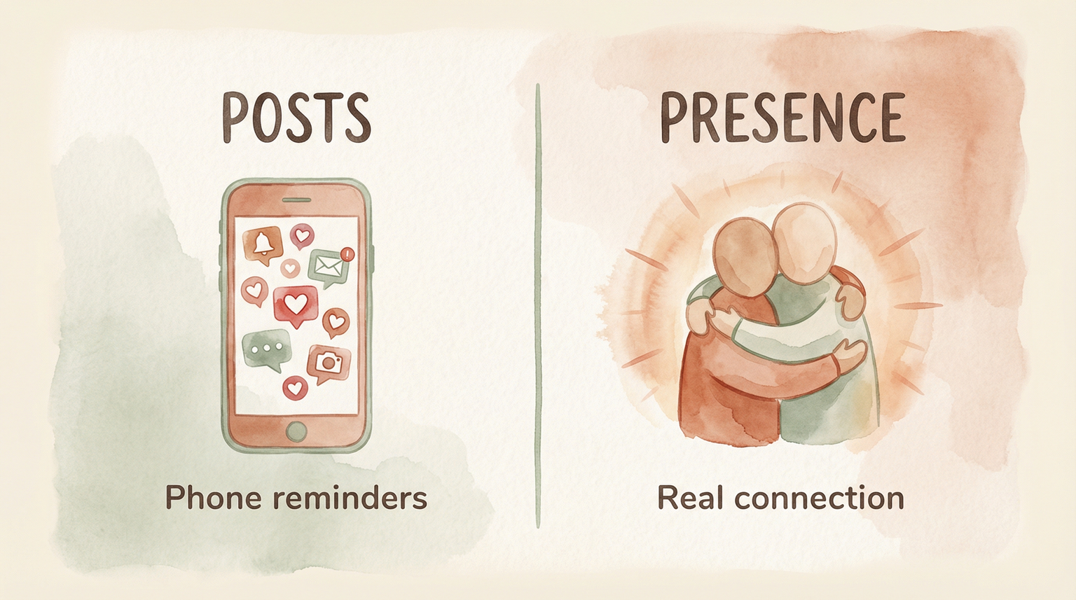 Illustration comparing phone notifications with real human connection and hugs