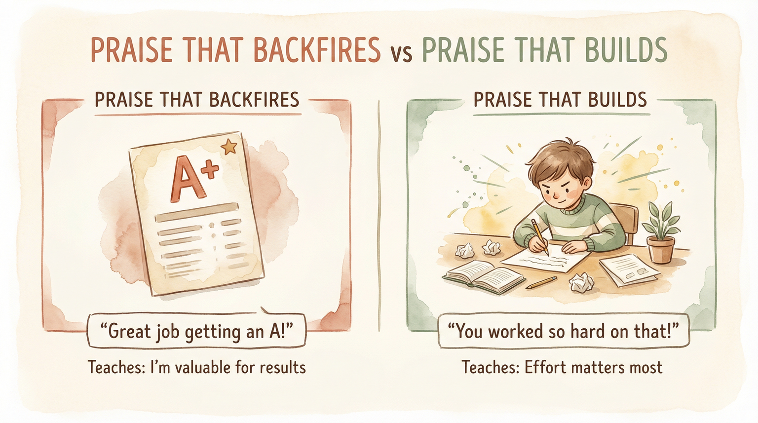Comparison showing outcome-based praise versus effort-based praise and their effects on children