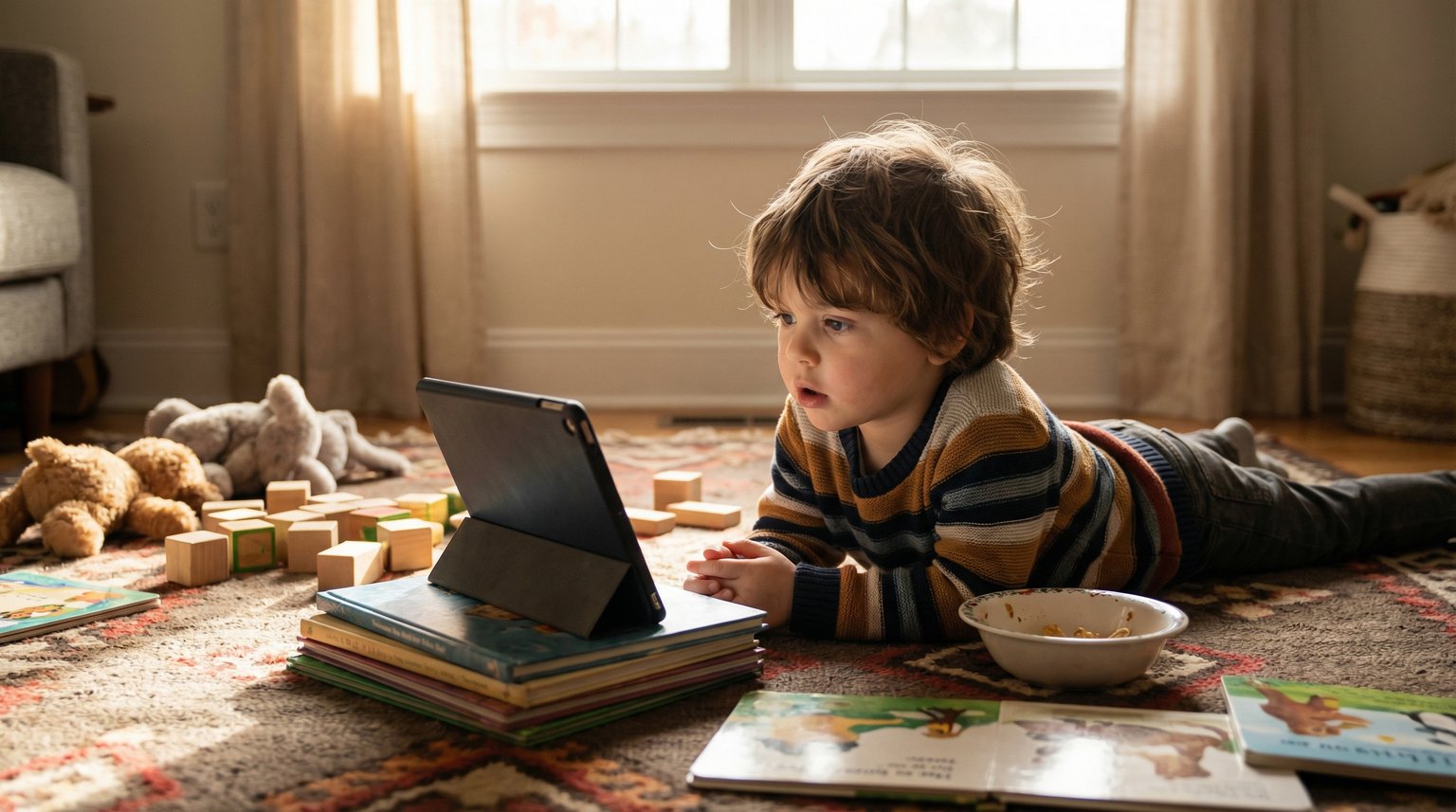 Preschooler lying on stomach on rug completely absorbed watching tablet with toys scattered around in warm afternoon light