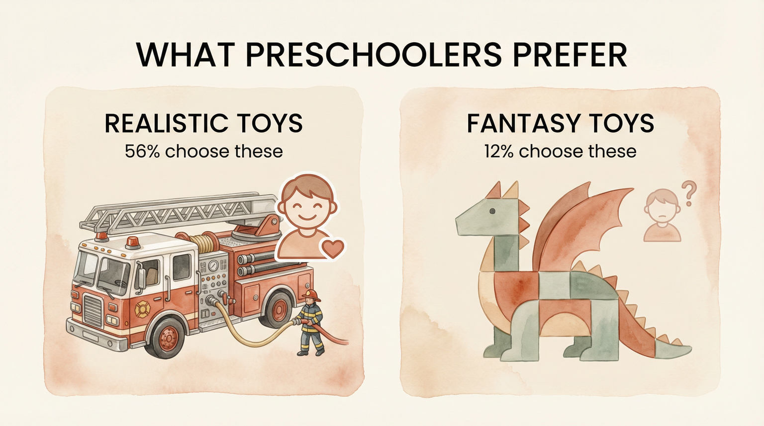 Chart comparing preschooler preferences showing 56 percent choose realistic toys versus 12 percent fantasy