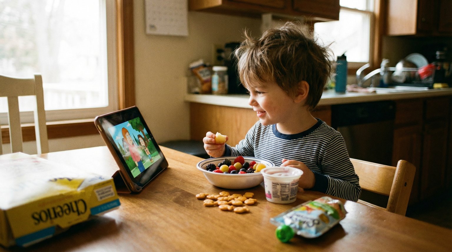 Preschool aged child watching tablet at kitchen table while eating colorful snack