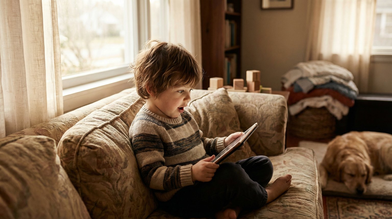 Preschooler captivated by tablet screen on cozy living room couch with soft natural light
