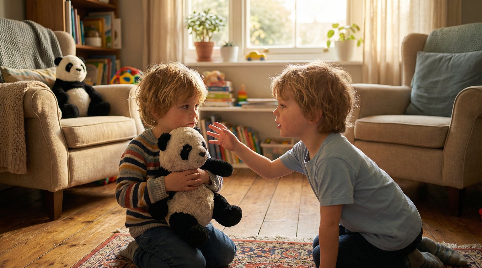 Two preschoolers in sunlit living room, one holding stuffed panda while the other reaches for it longingly, identical toy ignored nearby