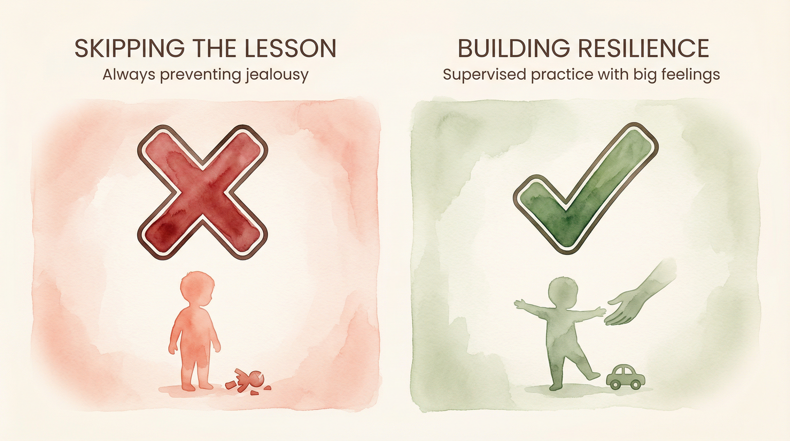 Two-panel comparison showing skipping the lesson versus building resilience through supervised practice with big feelings