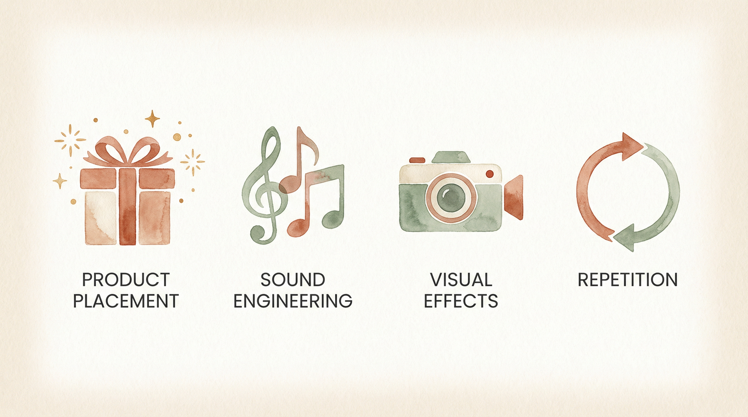 Four icons showing product placement, sound engineering, visual effects, and repetition tactics