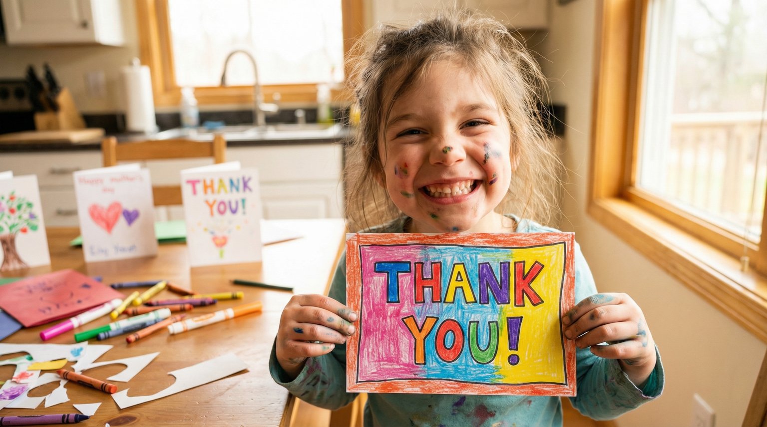 Cheerful six year old proudly holding up completed colorful thank you card with big smile in bright kitchen
