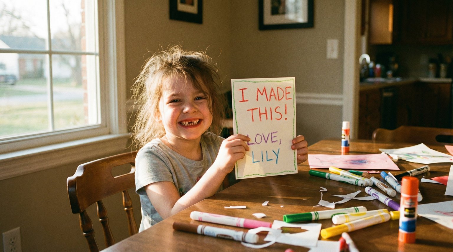 Young girl around age 6 beaming with pride while holding up finished handwritten card at dining table