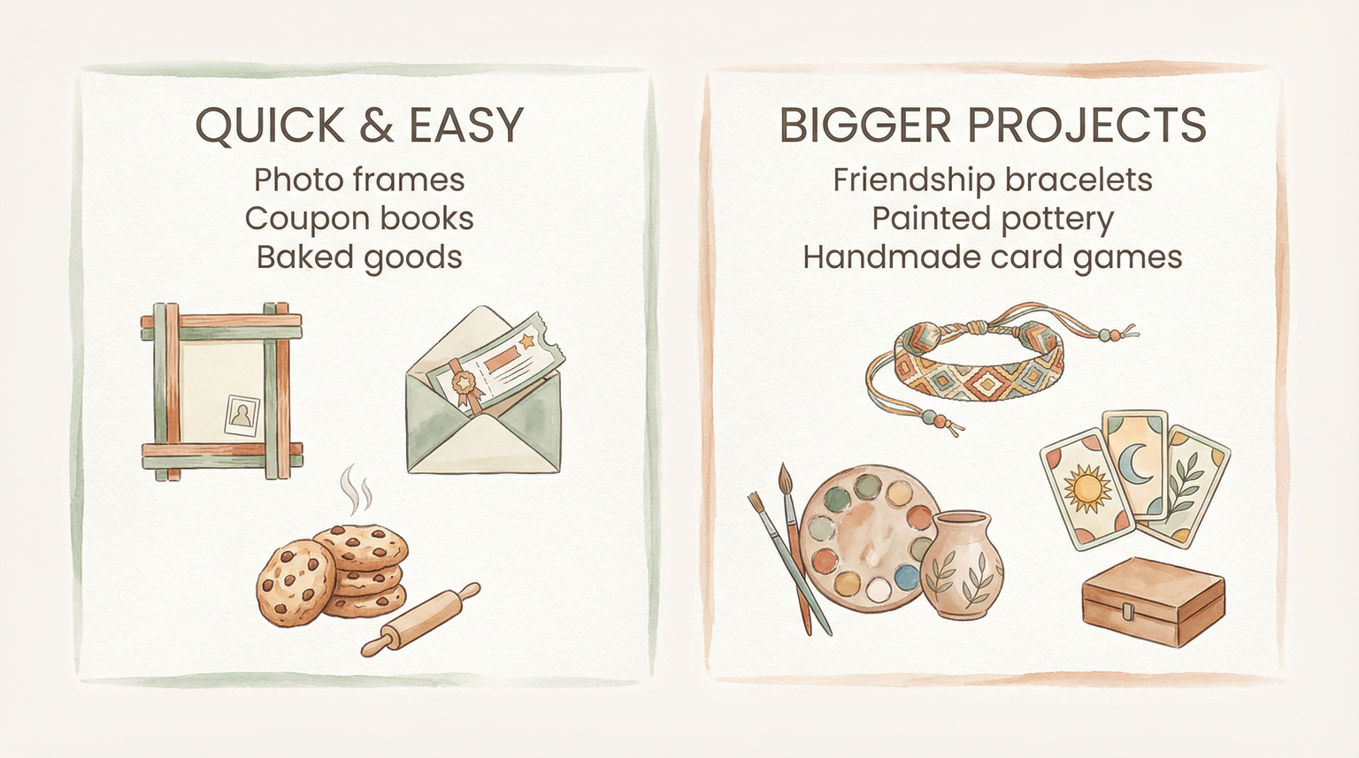 Comparison chart showing quick and easy handmade gifts versus bigger project options