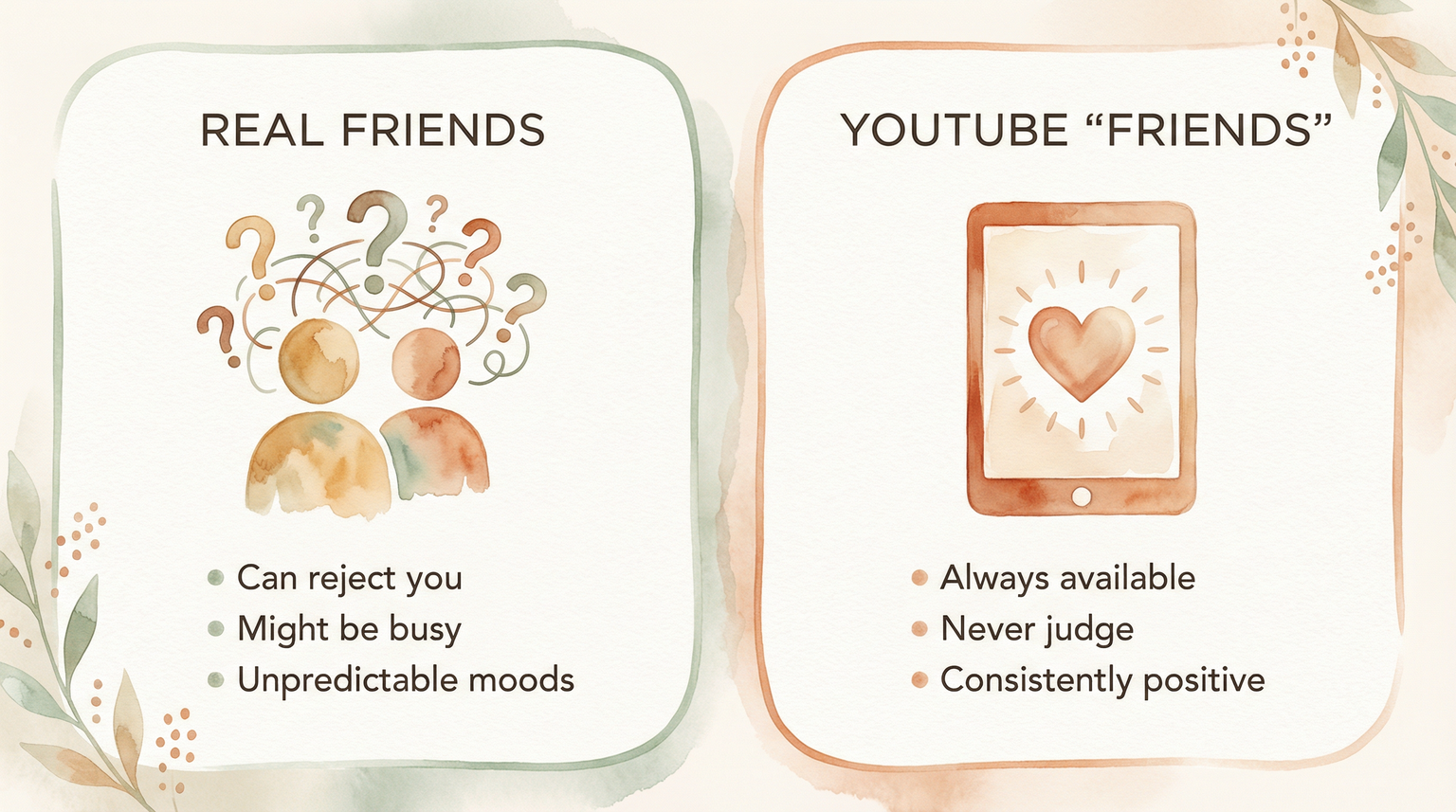 Comparison chart showing real friends can reject you and have unpredictable moods while YouTube friends are always available and never judge
