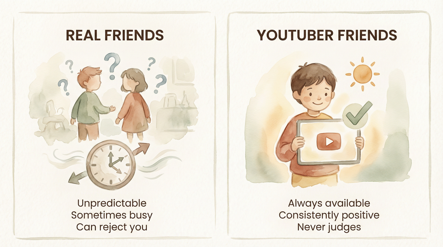 Comparison chart showing real friends as unpredictable versus YouTuber friends as always available