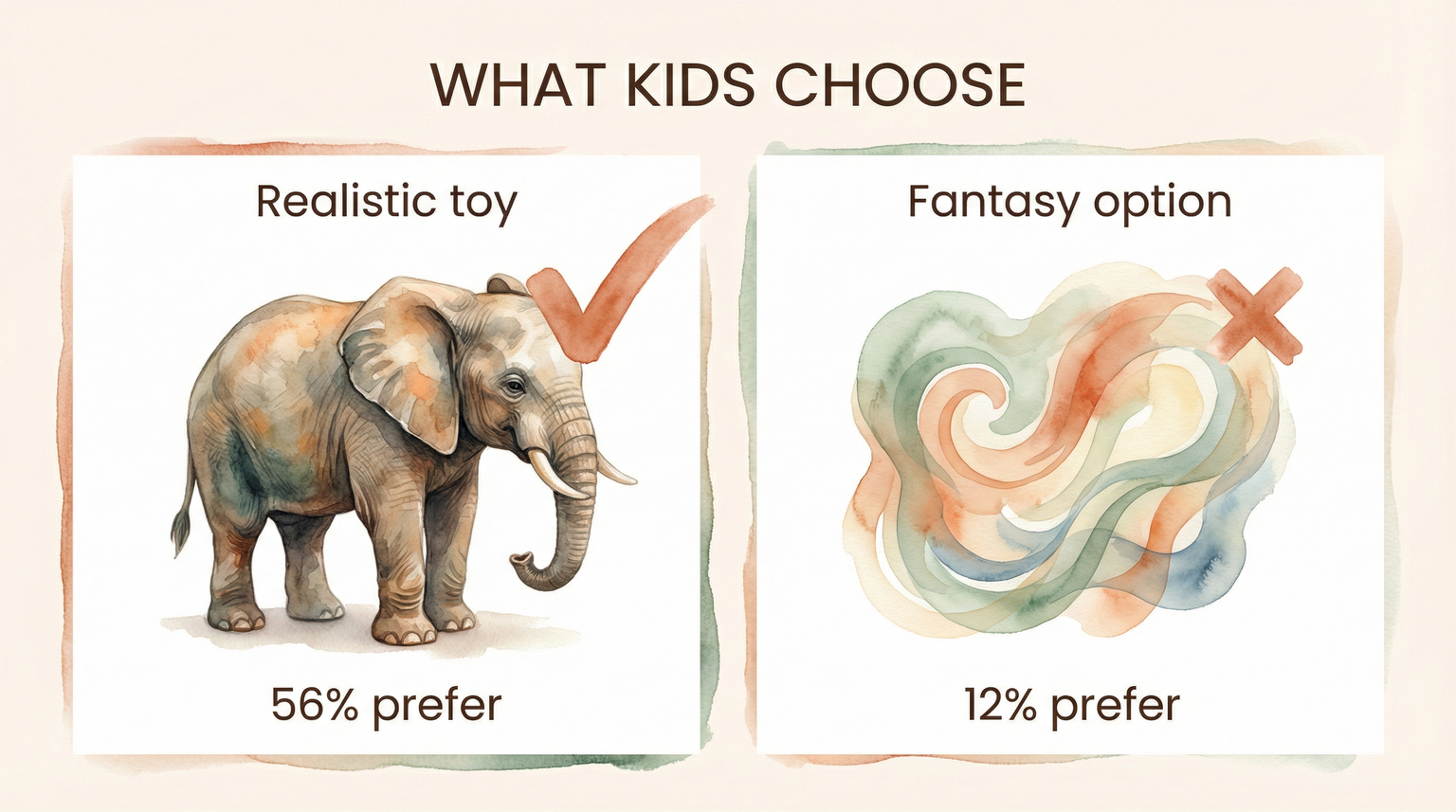 Comparison chart showing 56 percent of kids prefer realistic toys versus 12 percent choosing fantasy options