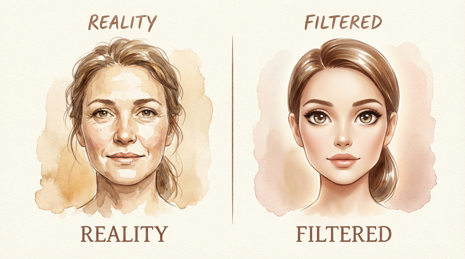 Side-by-side comparison showing natural face versus filtered face with exaggerated features