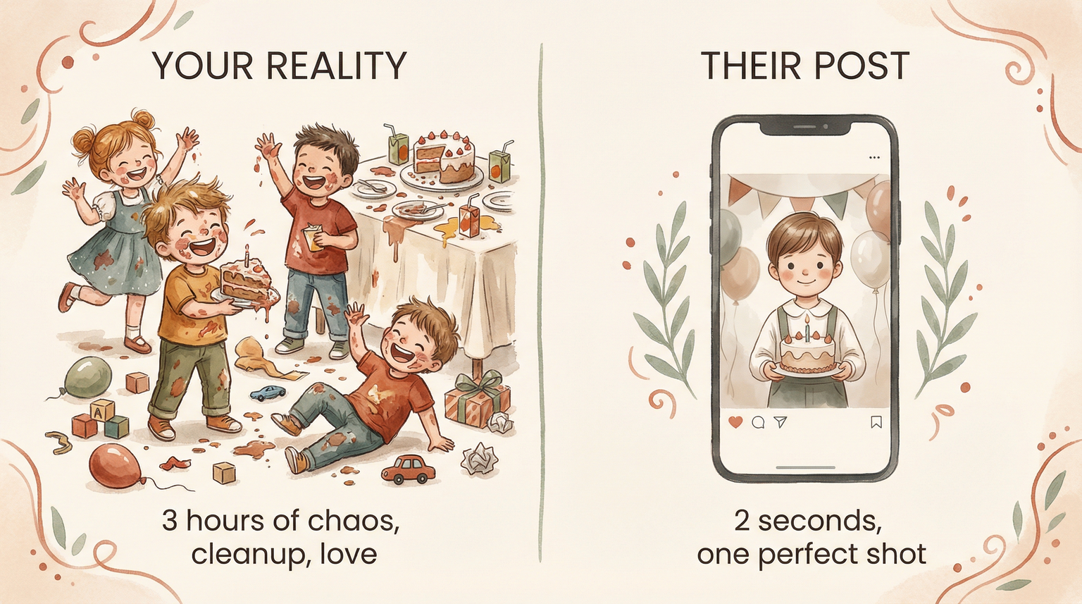 Two-panel comparison showing chaotic real party versus perfect Instagram photo