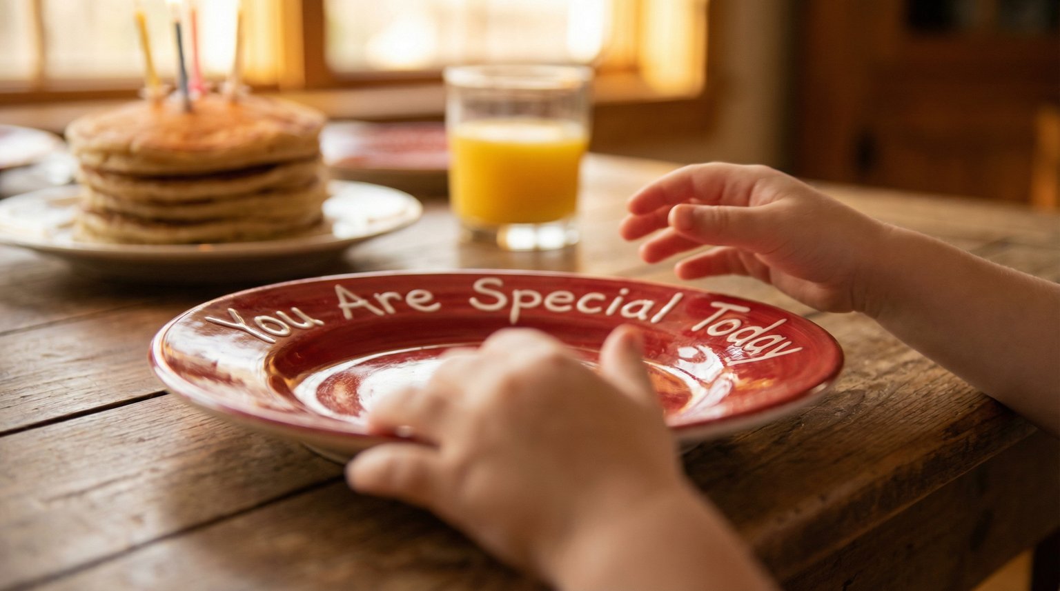 Classic red You Are Special Today plate on wooden dining table with child's hands reaching excitedly toward it