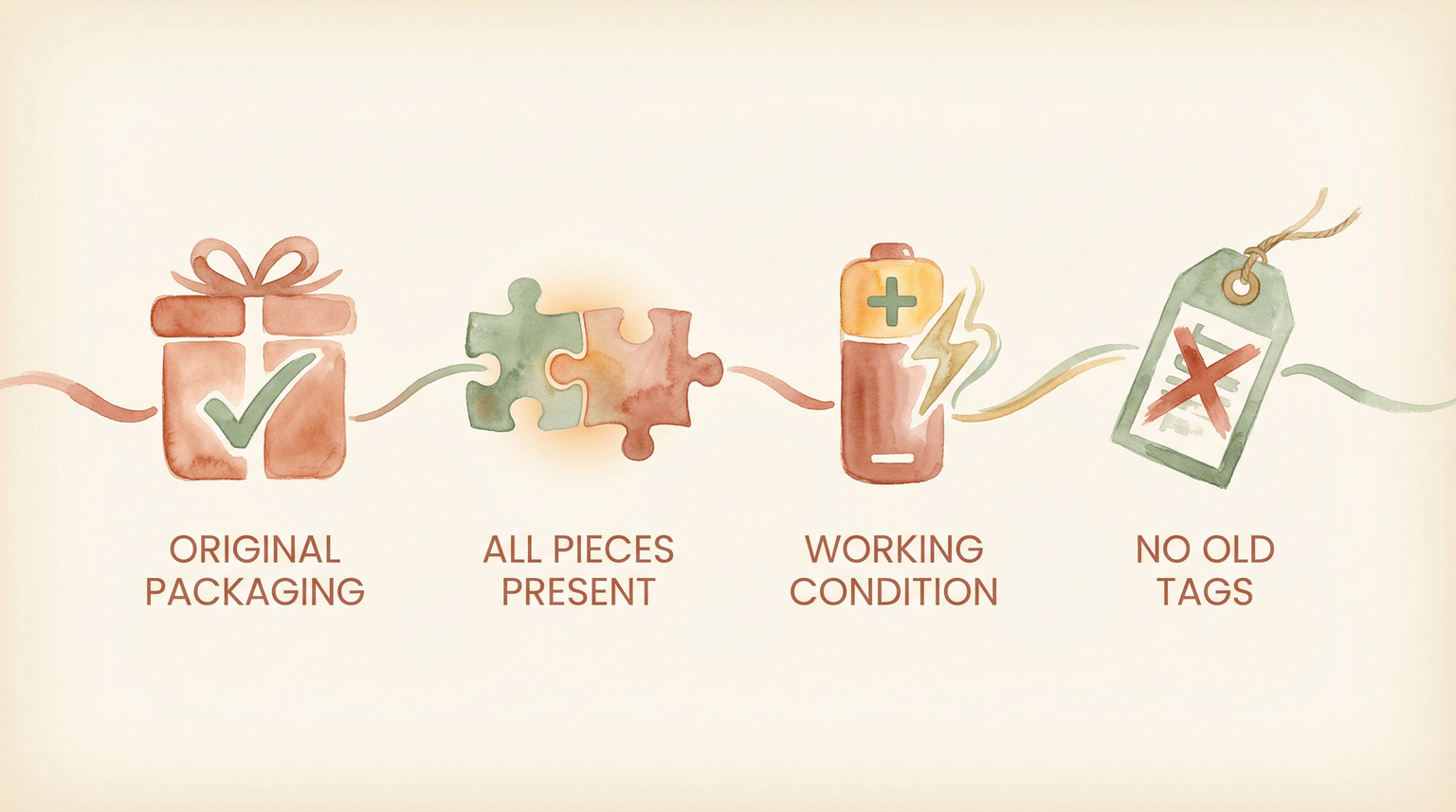 Process flow showing four condition requirements for regifting: original packaging, all pieces present, working condition, no old tags