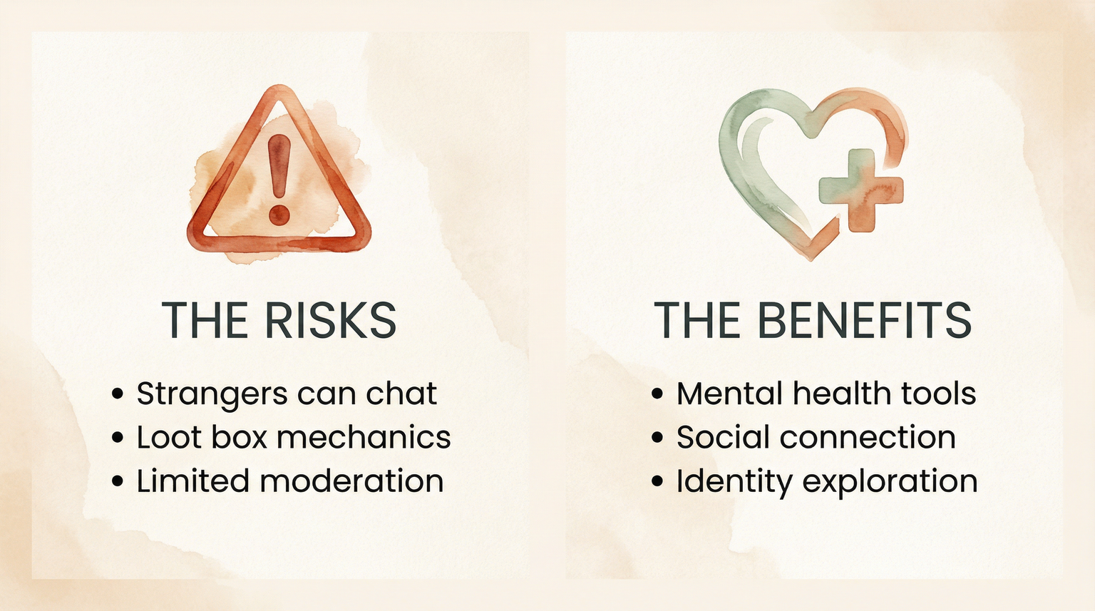 Comparison chart showing platform risks including strangers and loot boxes versus benefits including mental health tools and social connection