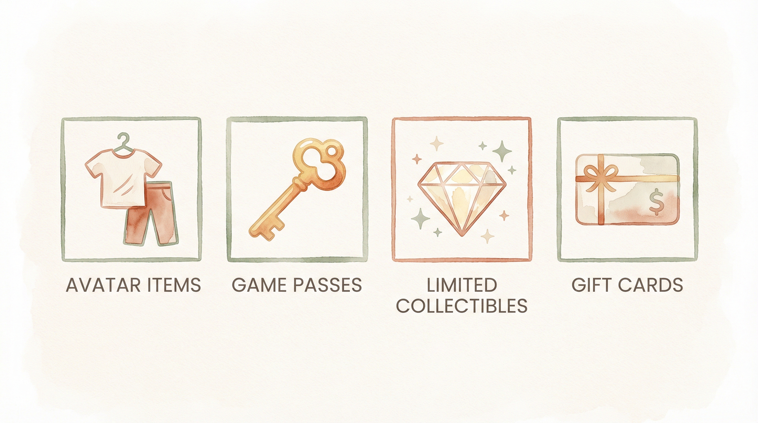 Infographic showing four types of virtual gifts including avatar items, game passes, limited collectibles, and gift cards