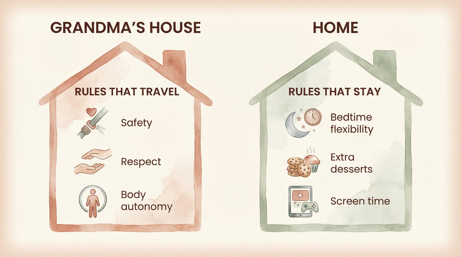Chart comparing rules that travel everywhere versus rules that stay at grandma's house