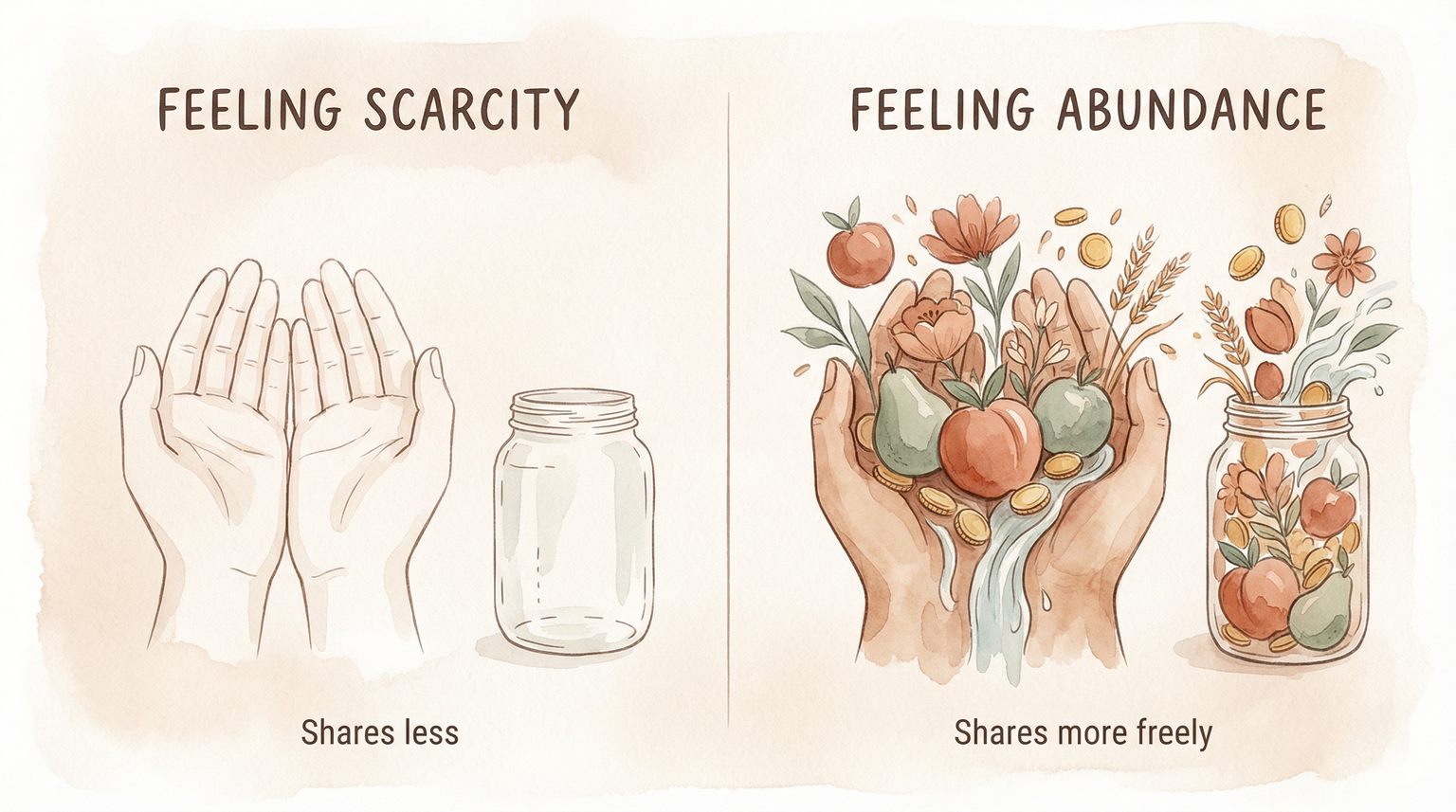 Infographic comparing how scarcity feelings reduce sharing while abundance feelings increase it